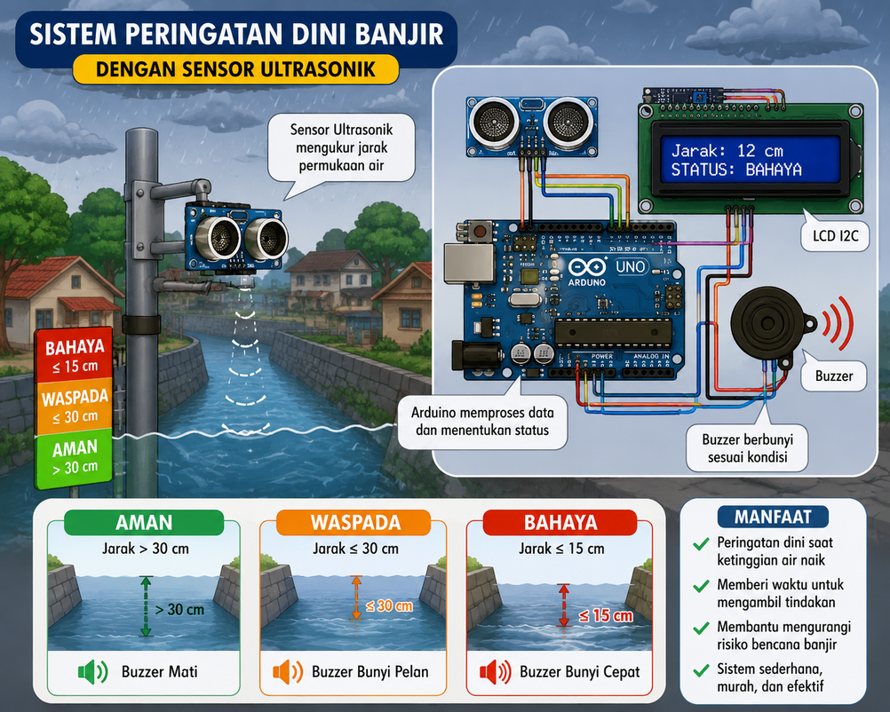 Program Arduino dan Skema Sistem Peringatan Dini Banjir dengan Sensor Ultrasonik