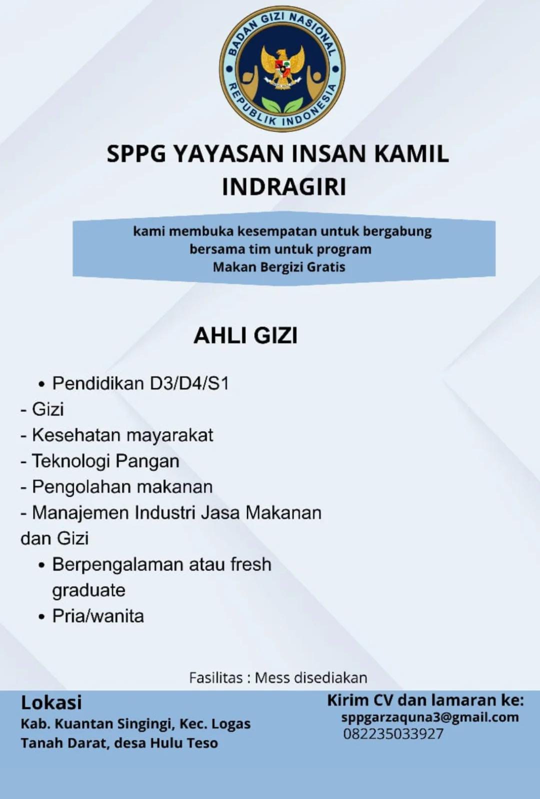 Lowongan kerja Ahli Gizi 