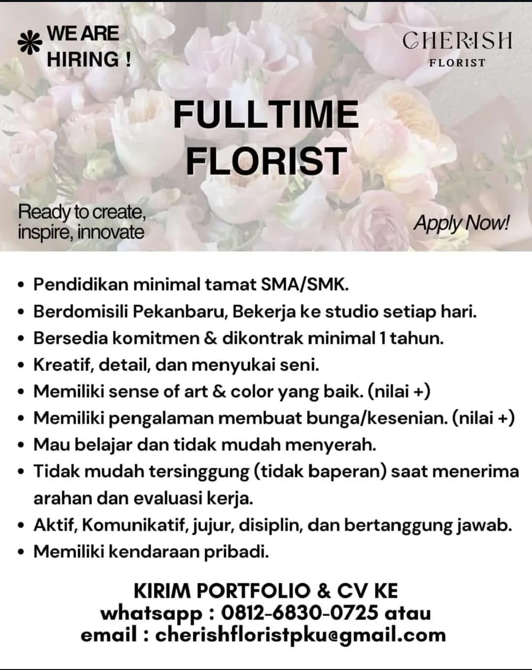 Lowongan Kerja FULLTIME FLORIST Pekanbaru
