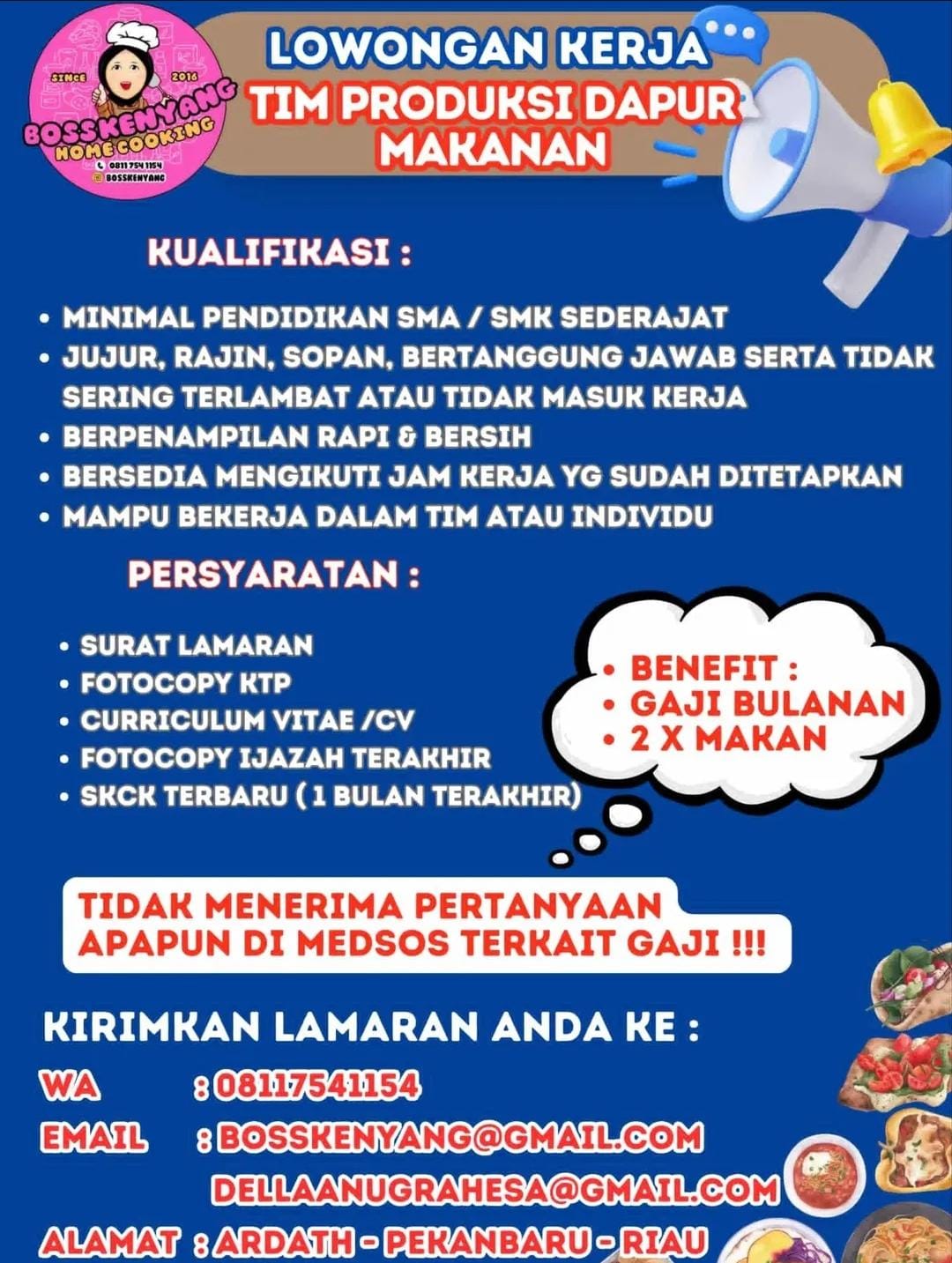 Lowongan Kerja Tim Produksi Dapur Makanan Pekanbaru