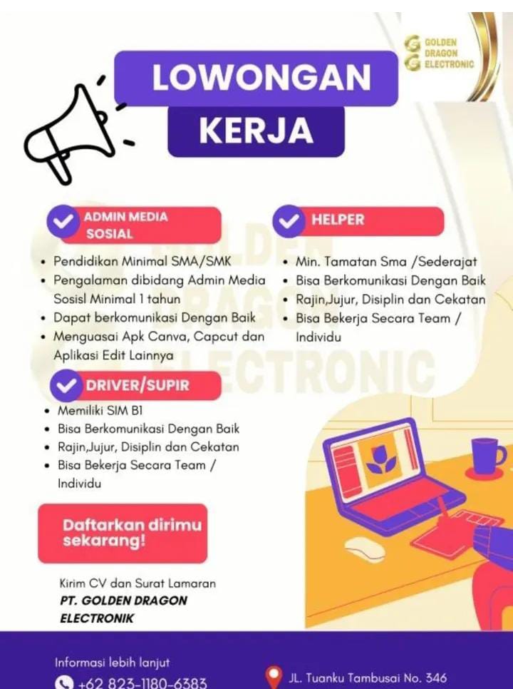 Lowongan Kerja Admin Media Sosial, Helper, Driver / Supir Pekanbaru