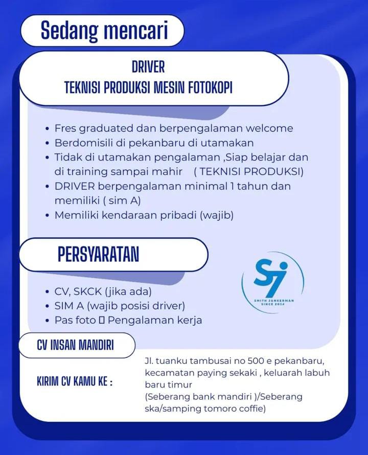 Lowingan Kerja Driver Teknisi Produksi Mesin Fotokopi Pekanbaru