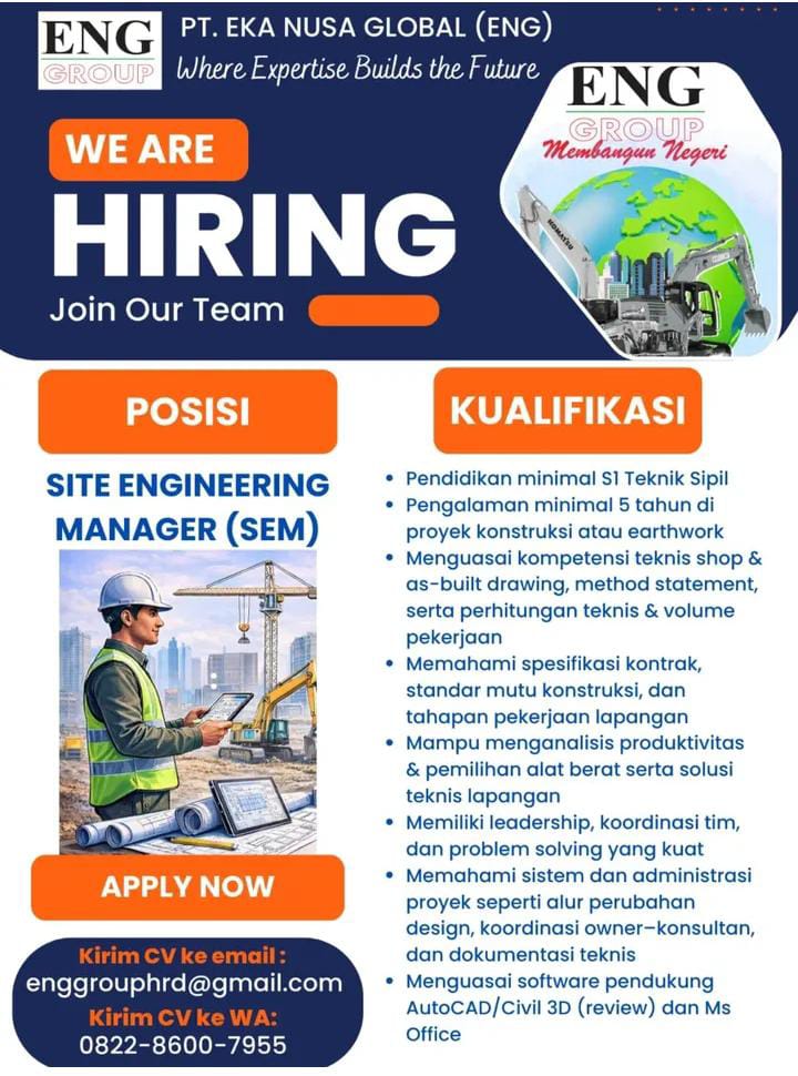 Lowongan Kerja Site Engineering Manager ( SEM ) Pekanbaru
