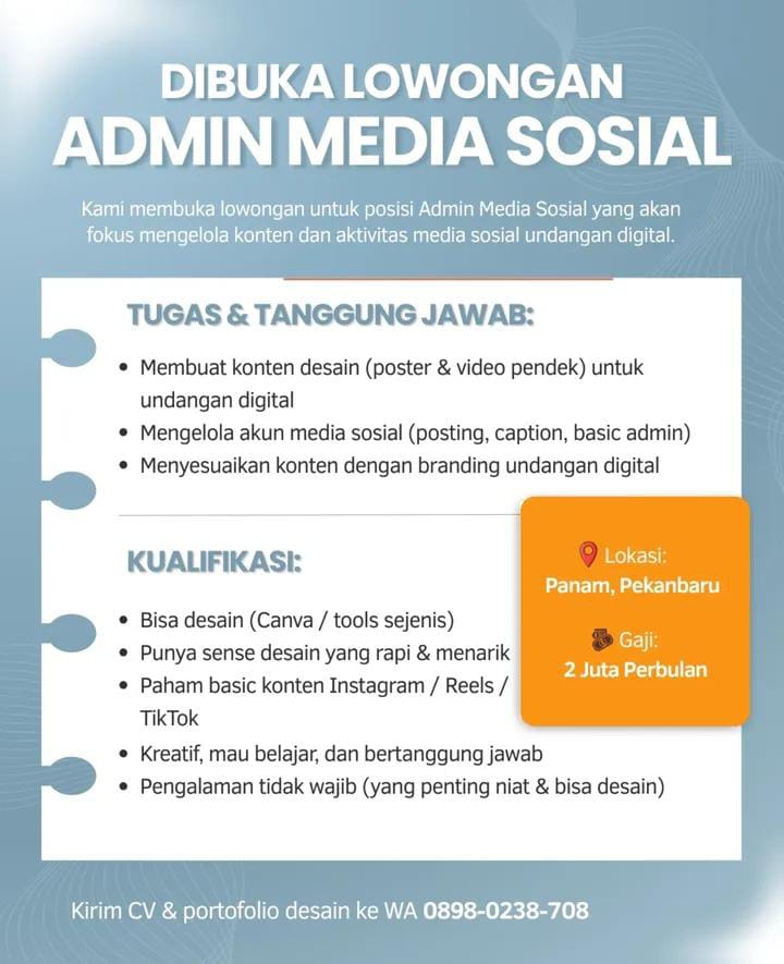 Lowongan Kerja Admin Media Sosial Pekanbaru
