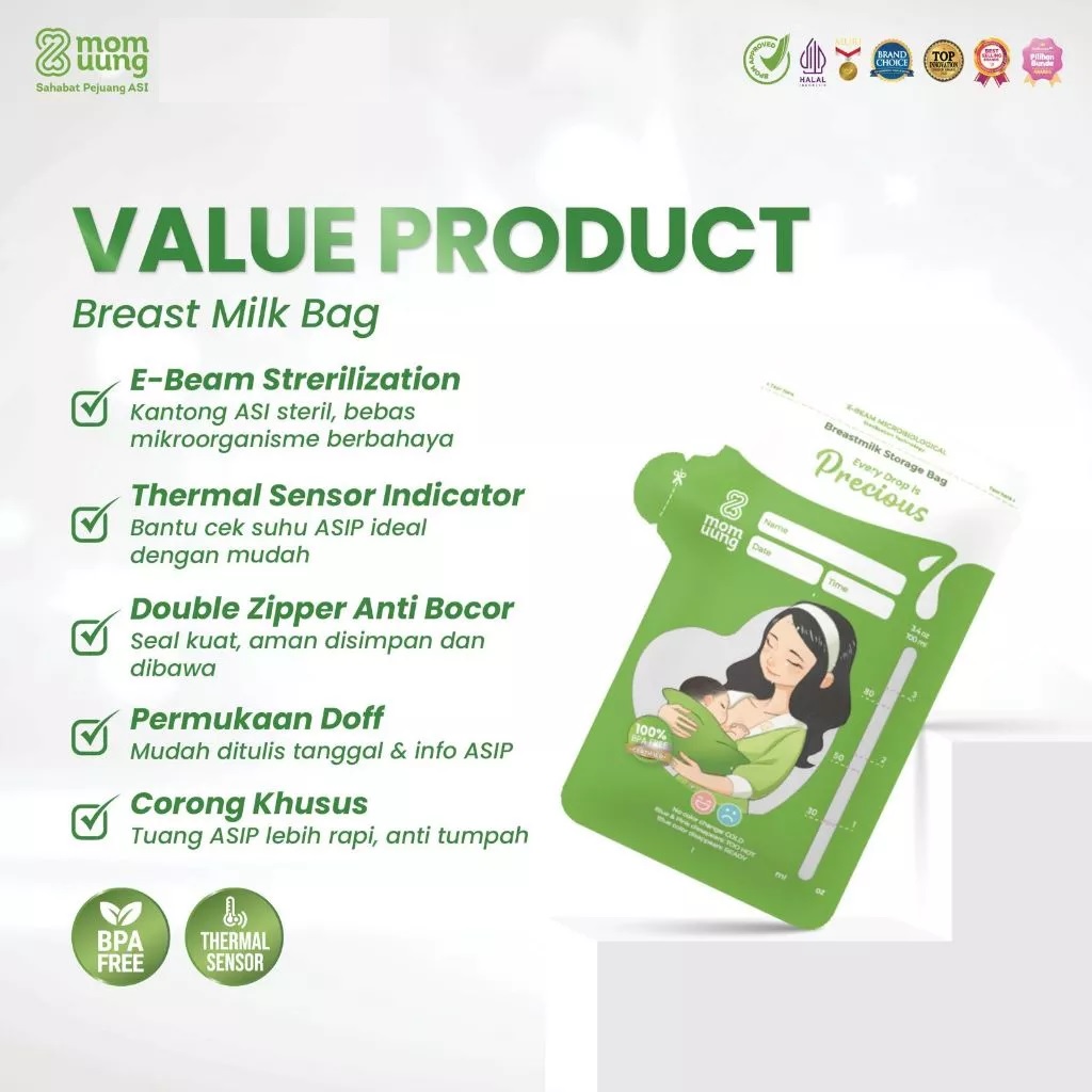 Mom Uung Kantong Asi 150ml isi 30pcs Double Zipper | Pre-sterilized Breastmilk Bag | Ada Indikator Suhu