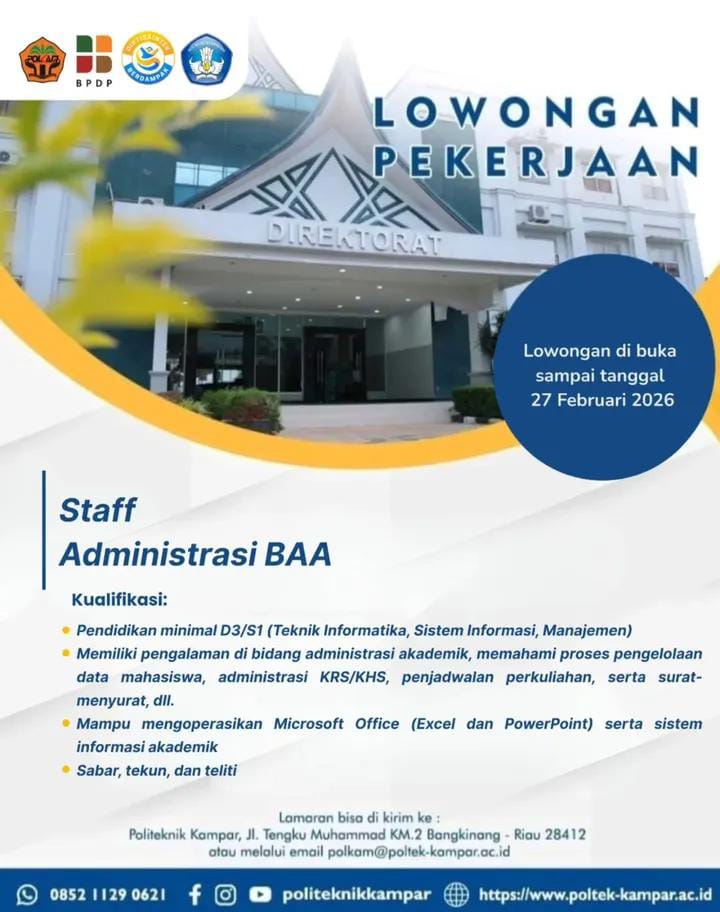 Lowongan Kerja Staff Adminstrasi BAA Pekanbaru